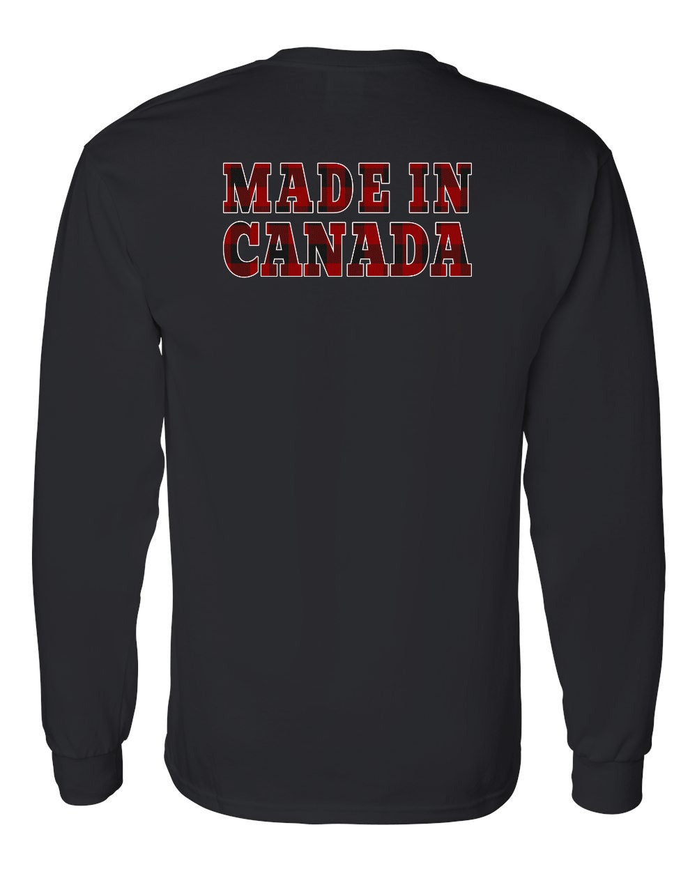 Made in Canada Plaid Background Left Chest and Back Long Sleeve - Gildan Canada (sewn Internationally)