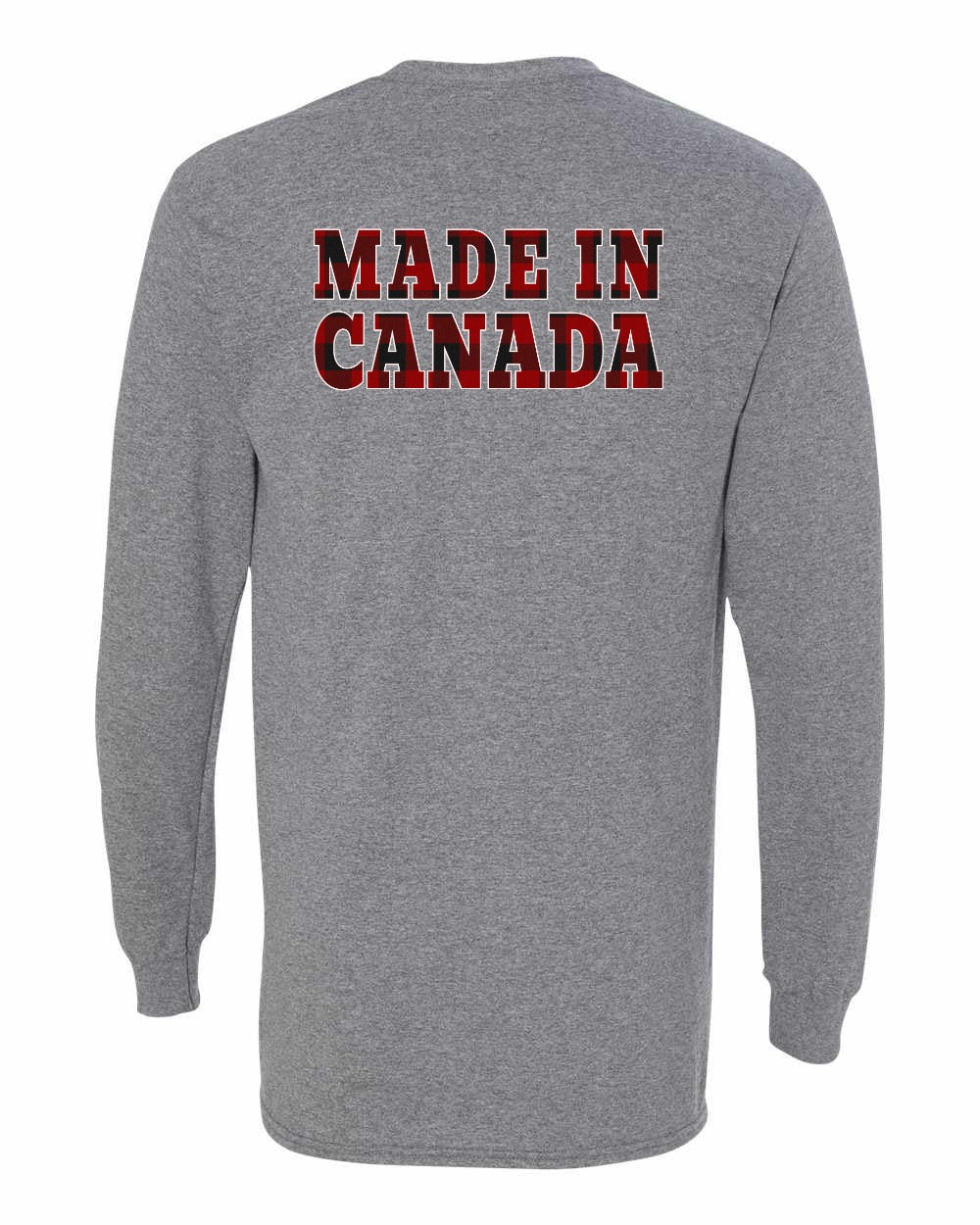 Made in Canada Plaid Background Left Chest and Back Long Sleeve - Gildan Canada (sewn Internationally)