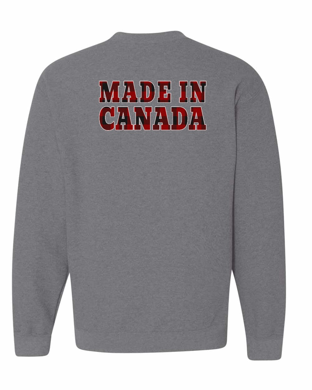 Made in Canada Plaid Background Left Chest and Back Crewneck - Gildan Canada (sewn Internationally)