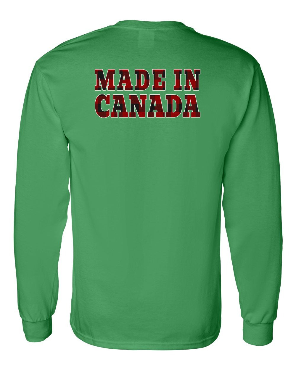 Made in Canada Plaid Background Left Chest and Back Long Sleeve - Gildan Canada (sewn Internationally)