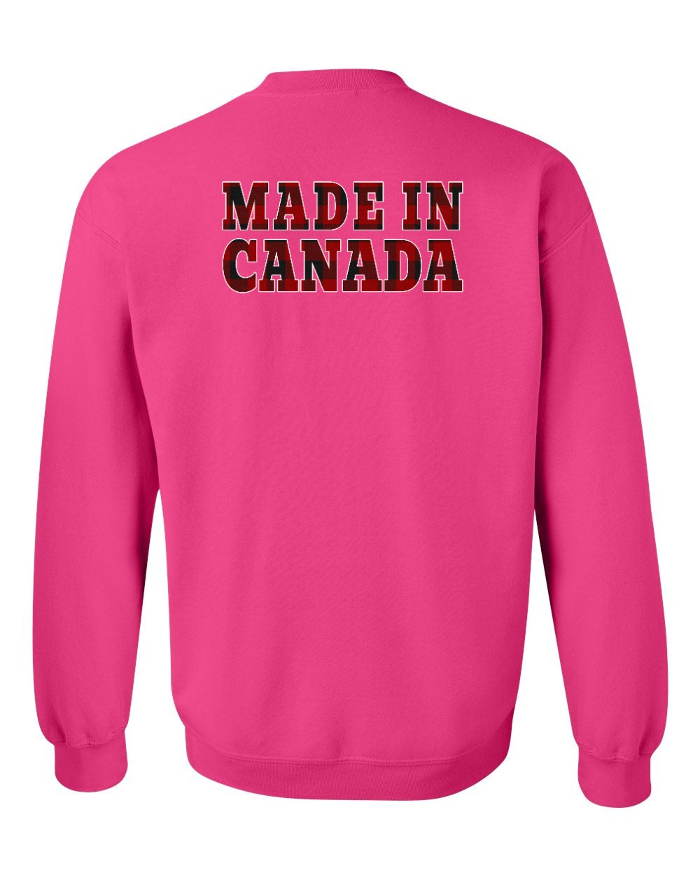 Made in Canada Plaid Background Left Chest and Back Crewneck - Gildan Canada (sewn Internationally)