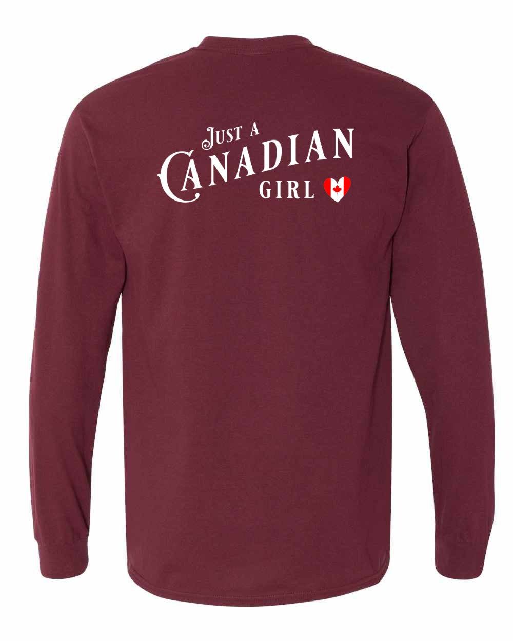 Just A Canadian Girl (Heart Flag Full) Left Chest and Back Long Sleeve - Gildan Canada (sewn Internationally)