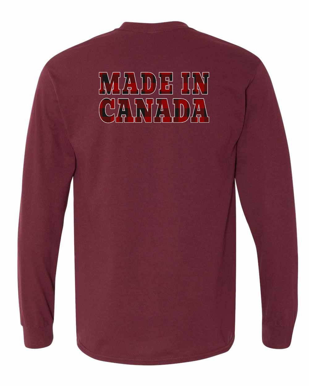 Made in Canada Plaid Background Left Chest and Back Long Sleeve - Gildan Canada (sewn Internationally)