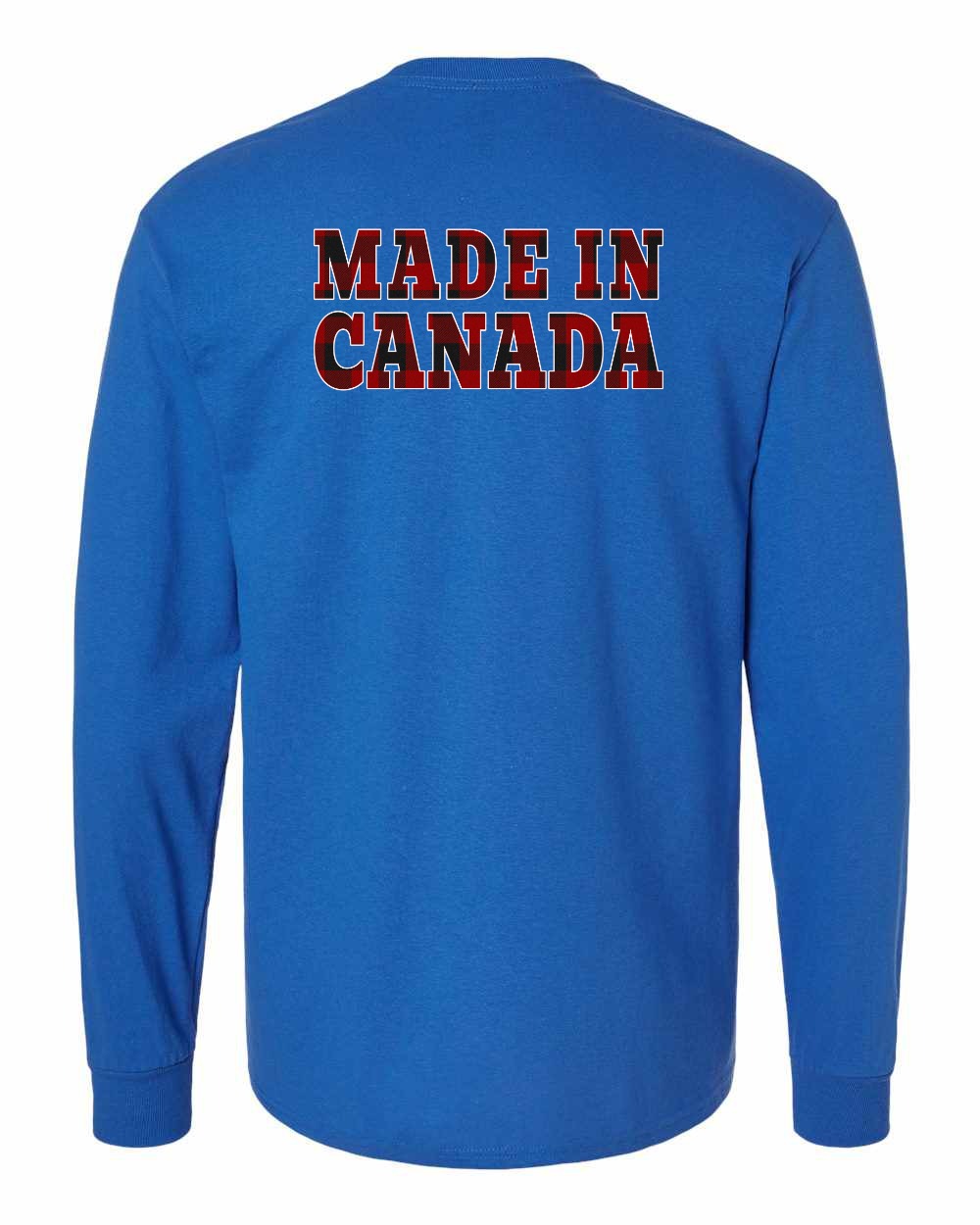 Made in Canada Plaid Background Left Chest and Back Long Sleeve - Gildan Canada (sewn Internationally)