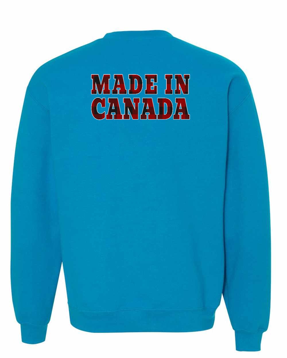 Made in Canada Plaid Background Left Chest and Back Crewneck - Gildan Canada (sewn Internationally)