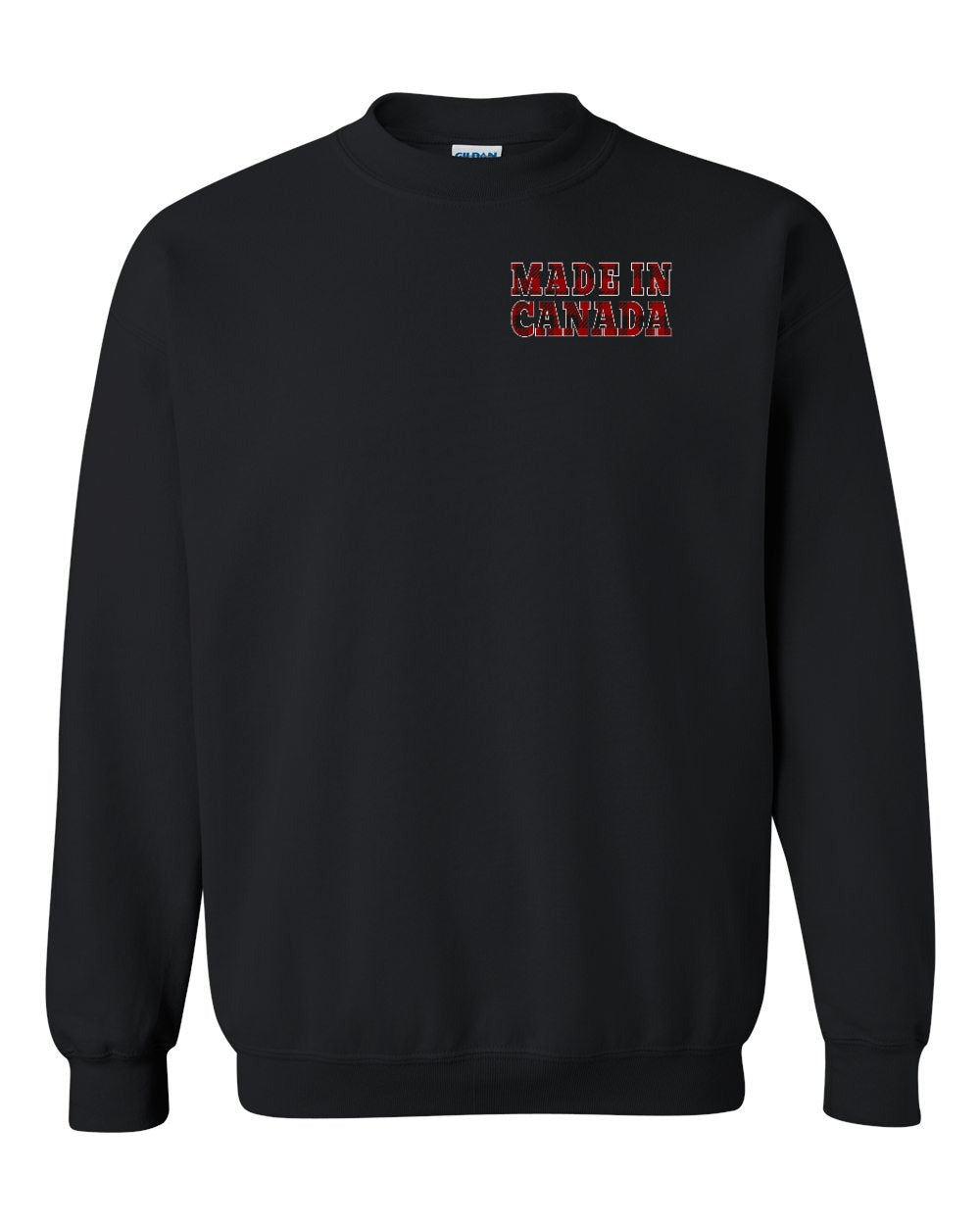 Made in Canada Plaid Background Left Chest and Back Crewneck - Gildan Canada (sewn Internationally)