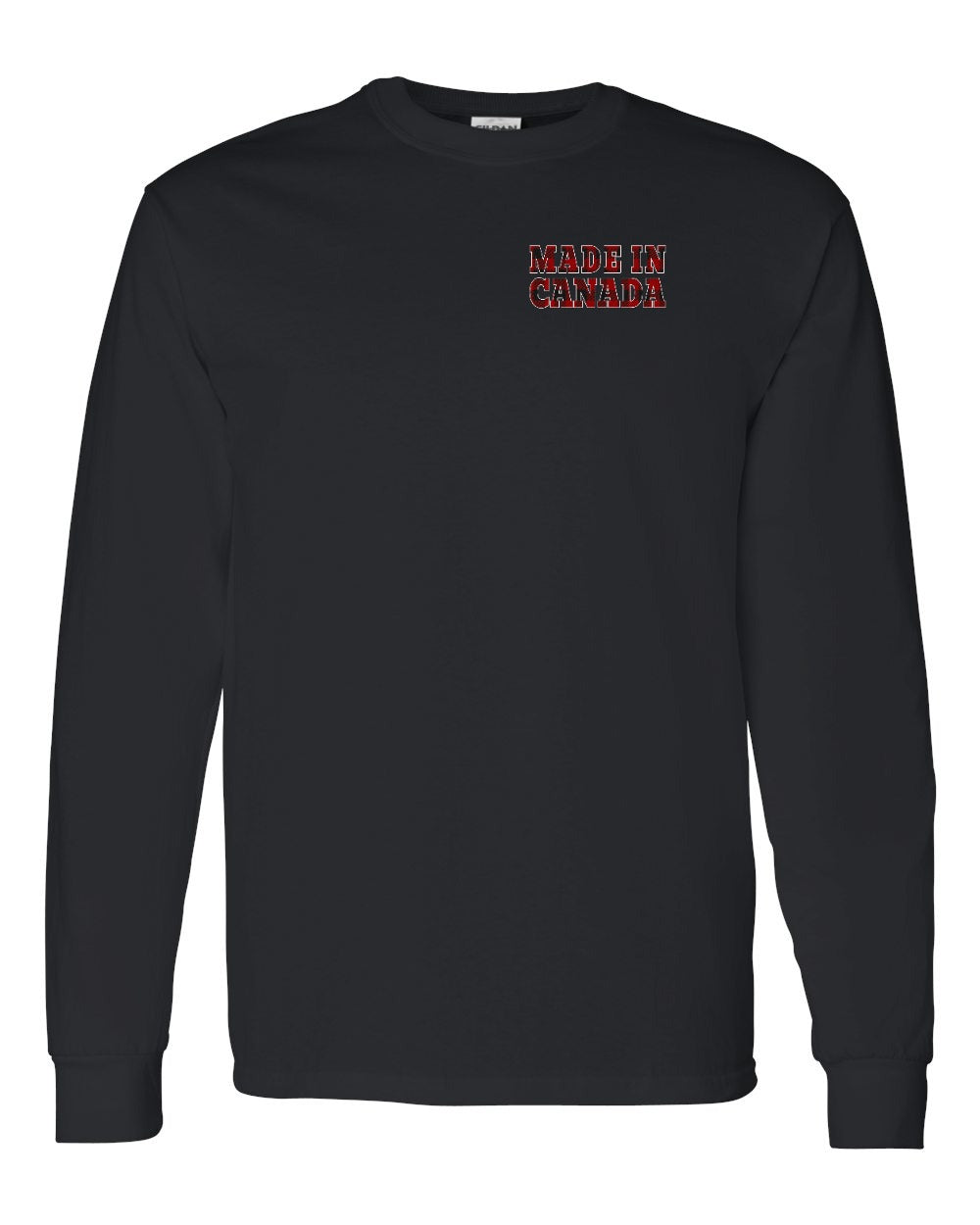 Made in Canada Plaid Background Left Chest and Back Long Sleeve - Gildan Canada (sewn Internationally)