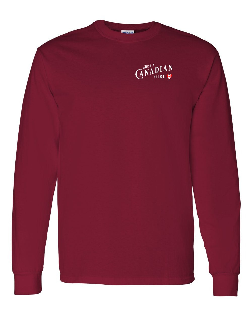 Just A Canadian Girl (Heart Flag Full) Left Chest and Back Long Sleeve - Gildan Canada (sewn Internationally)