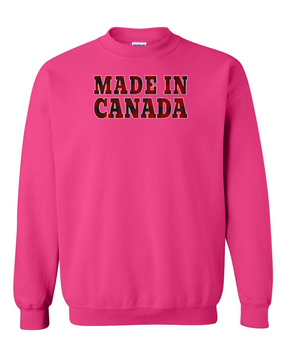 Made in Canada Plaid Background Full Crewneck - Gildan Canada (sewn Internationally)