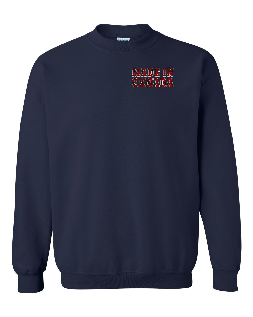 Made in Canada Plaid Background Left Chest and Back Crewneck - Gildan Canada (sewn Internationally)