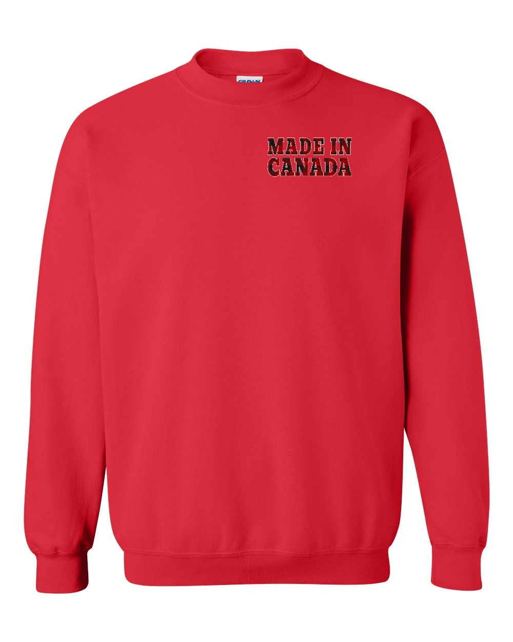Made in Canada Plaid Background Left Chest and Back Crewneck - Gildan Canada (sewn Internationally)