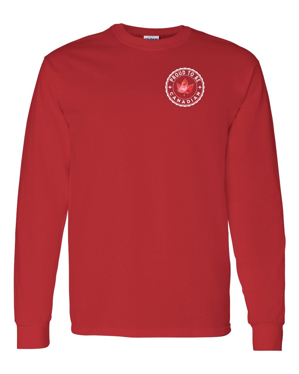 Proud to be Canadian Leaf Left Chest and Back Long Sleeve - Gildan Canada (sewn Internationally)