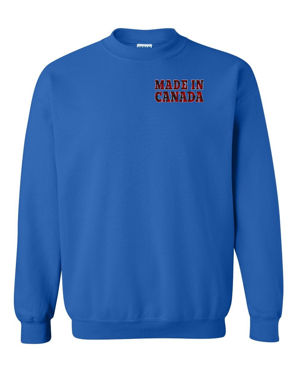 Made in Canada Plaid Background Left Chest and Back Crewneck - Gildan Canada (sewn Internationally)