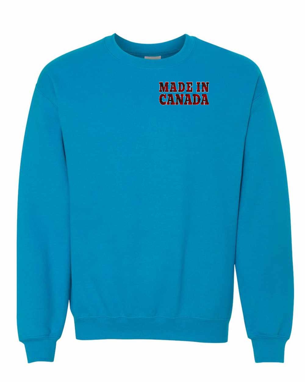 Made in Canada Plaid Background Left Chest and Back Crewneck - Gildan Canada (sewn Internationally)