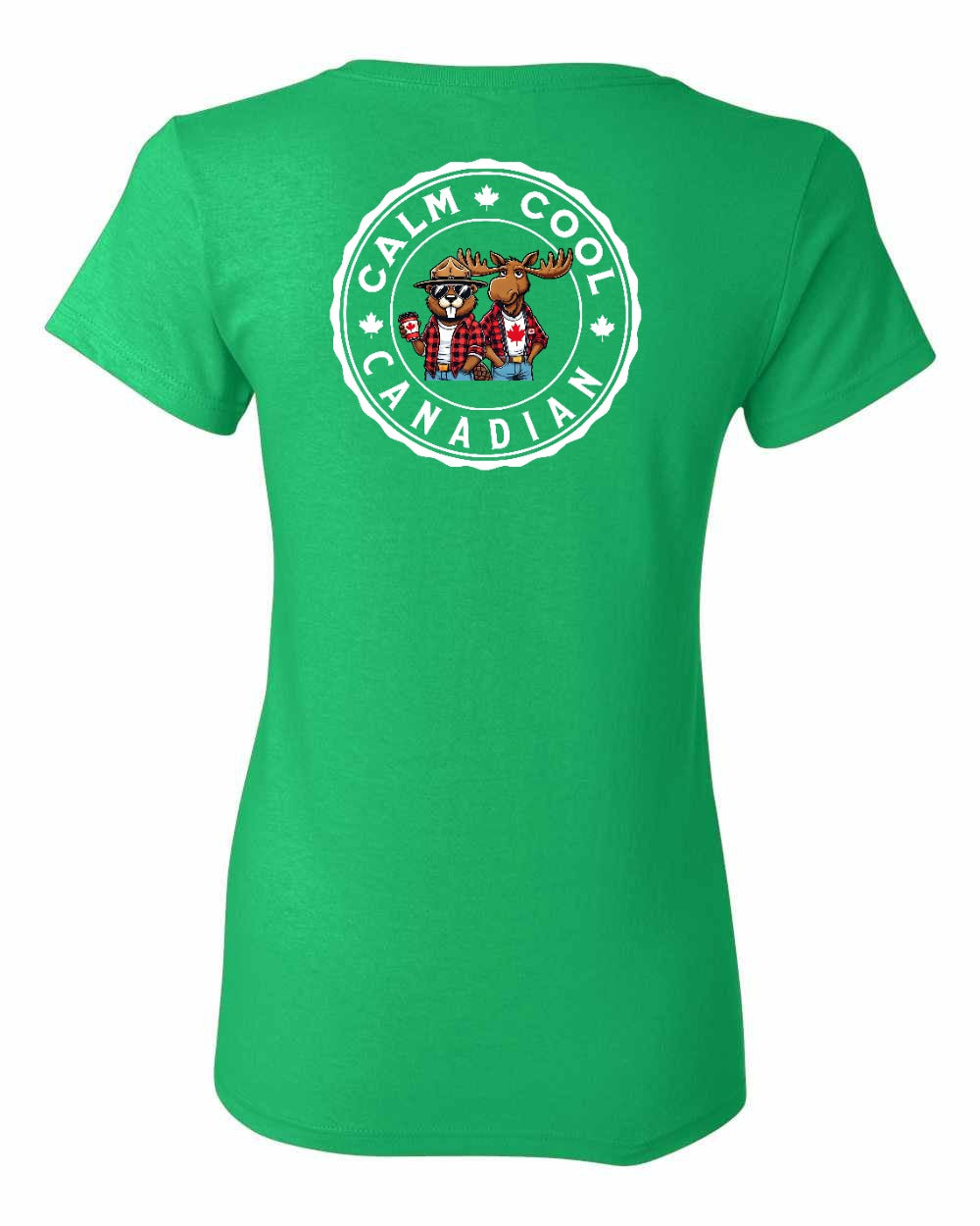 Calm Cool Canadian Beaver and Moose Left Chest and Back Women's Tee - Gildan Canada (sewn Internationally)