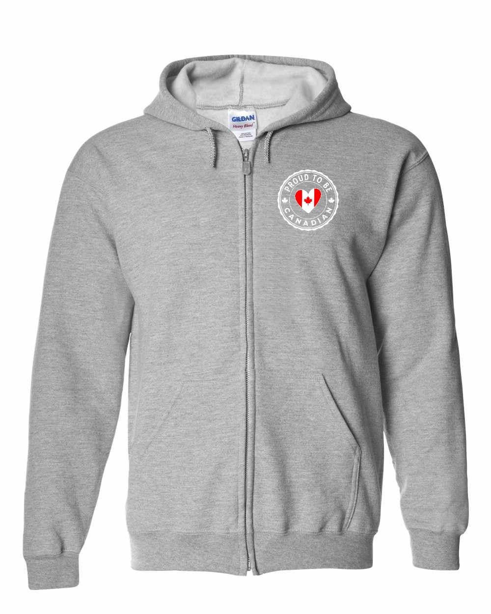 Proud to be Canadian Heart Flag Left Chest Zip Hoodie - Gildan Canada (sewn Internationally)