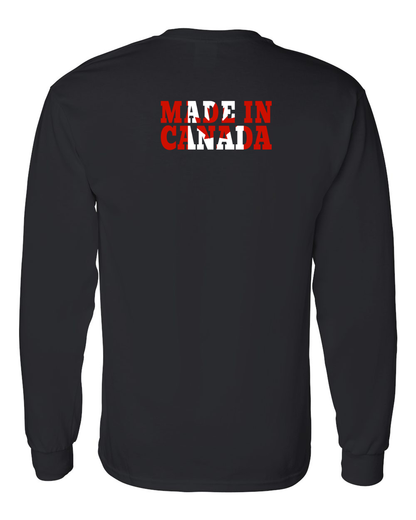 Made In Canada Flag Background Left Chest And Back Long Sleeve Tee - Gildan Canada (sewn Internationally )