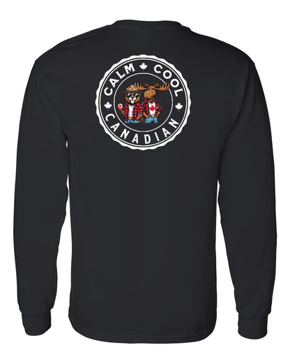 Calm Cool Moose and Beaver Left Chest and Back Long Sleeve - Gildan Canada (sewn Internationally)