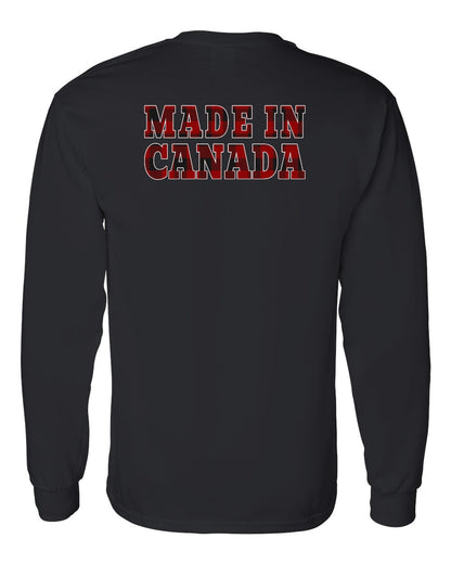 Made in Canada Plaid Background Left Chest and Back Long Sleeve - Gildan Canada (sewn Internationally)