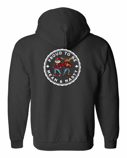 Proud Mean & Nasty Beaver and Moose Left Chest and Back Zip Hoodie - Gildan Canada (sewn Internationally)