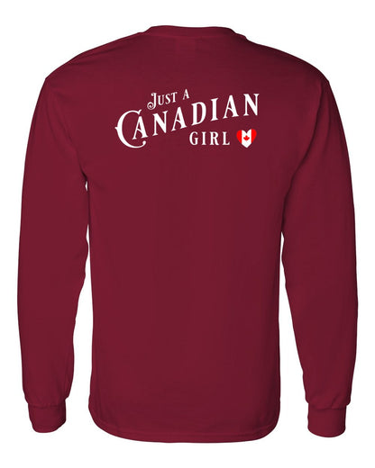 Just A Canadian Girl (Heart Flag Full) Left Chest and Back Long Sleeve - Gildan Canada (sewn Internationally)