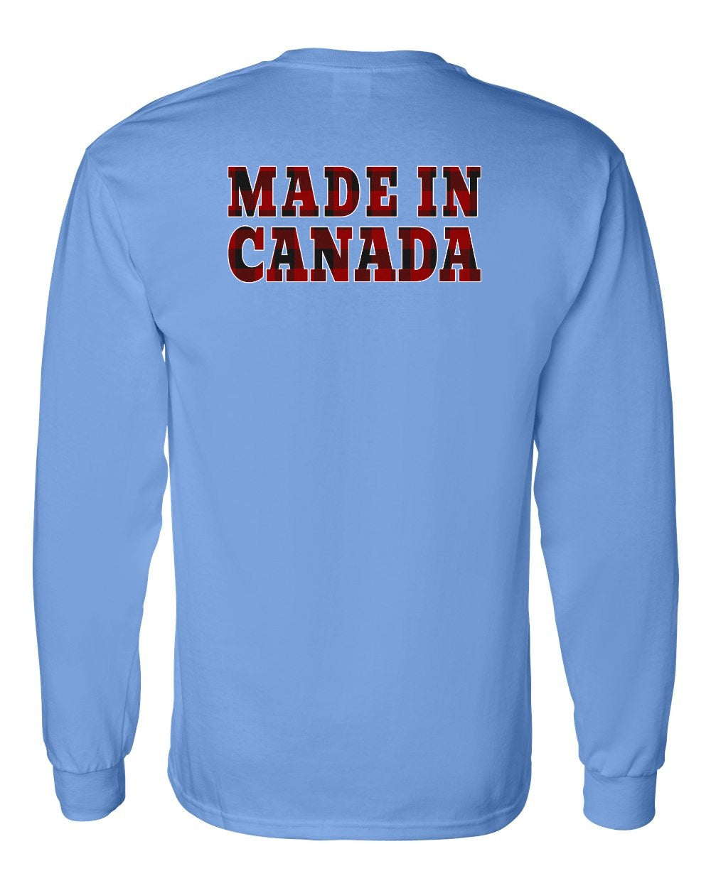 Made in Canada Plaid Background Left Chest and Back Long Sleeve - Gildan Canada (sewn Internationally)