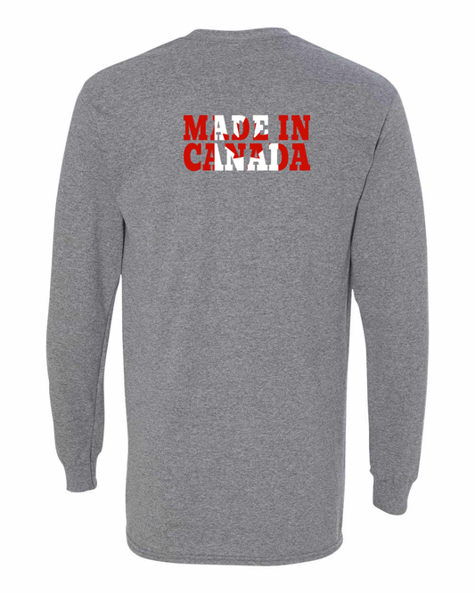 Made In Canada Flag Background Left Chest And Back Long Sleeve Tee - Gildan Canada (sewn Internationally )
