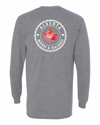 Born And Raised Alberta Left Chest and Back Long Sleeve - Gildan Canada (sewn Internationally)