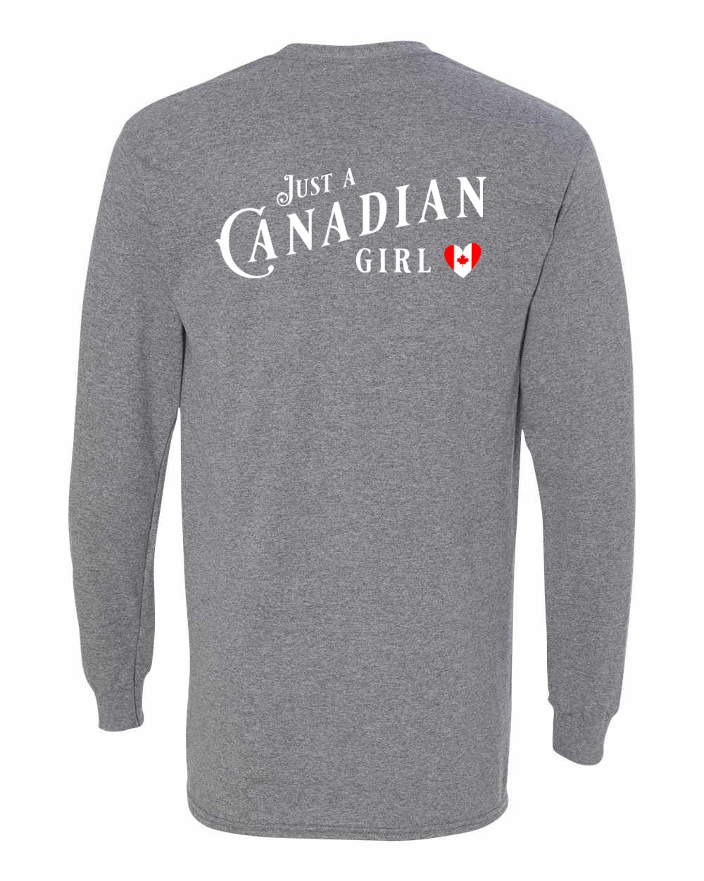 Just A Canadian Girl (Heart Flag Full) Left Chest and Back Long Sleeve - Gildan Canada (sewn Internationally)