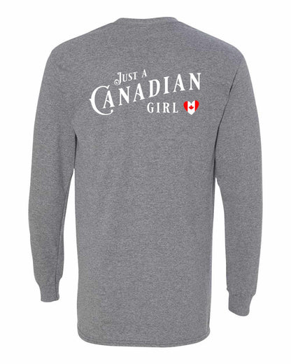 Just A Canadian Girl (Heart Flag Full) Left Chest and Back Long Sleeve - Gildan Canada (sewn Internationally)