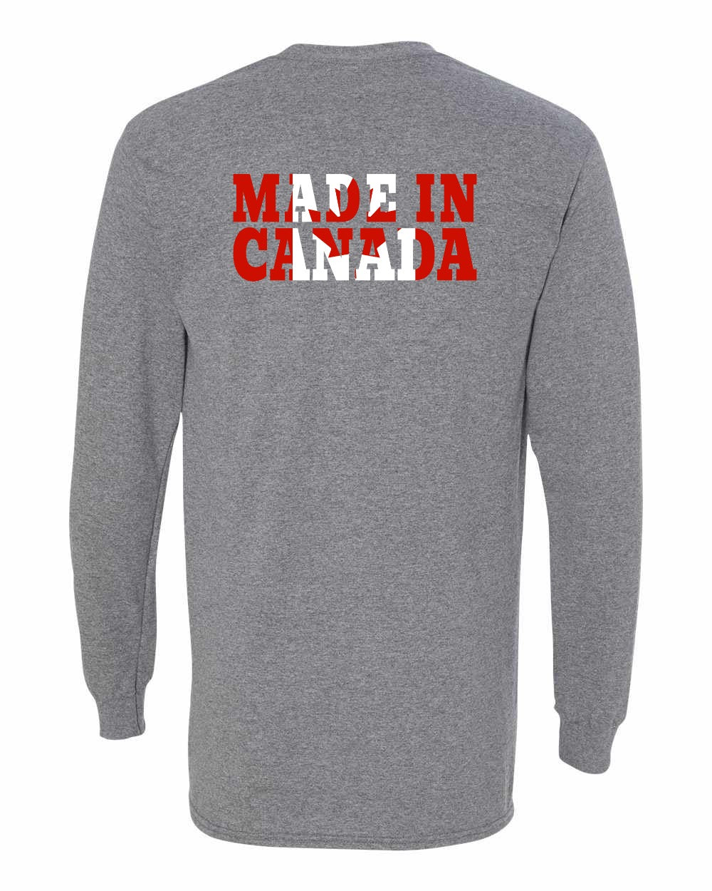 Made in Canada Flag Background Left Chest and Back Long Sleeve - Gildan Canada (sewn Internationally)