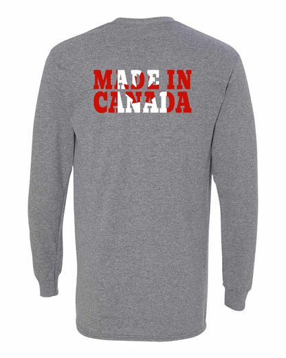 Made in Canada Flag Background Left Chest and Back Long Sleeve - Gildan Canada (sewn Internationally)