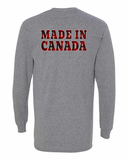 Made in Canada Plaid Background Left Chest and Back Long Sleeve - Gildan Canada (sewn Internationally)