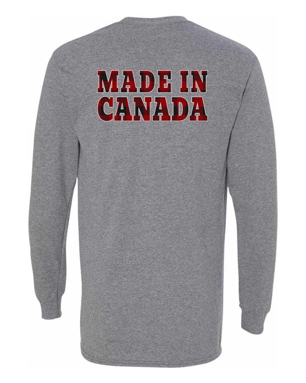 Made in Canada Plaid Background Left Chest and Back Long Sleeve - Unisex