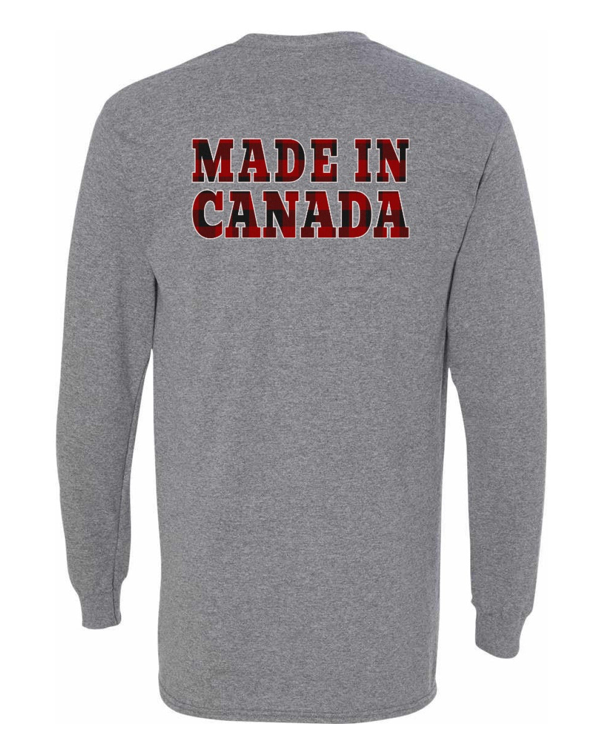 Made in Canada Plaid Background Left Chest and Back Long Sleeve - Unisex