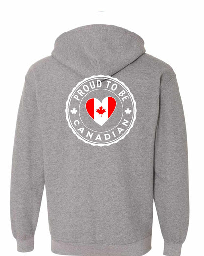 Proud to be Canadian Heart Flag Left Chest and Back Zip Hoodie - Gildan Canada (sewn Internationally)