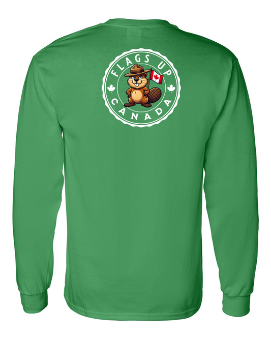 Flags Up Canada Male Beaver Version Left Chest And Back Long Sleeve Tee - Gildan Canada (sewn Internationally )