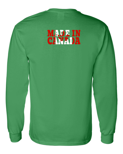 Made In Canada Flag Background Left Chest And Back Long Sleeve Tee - Gildan Canada (sewn Internationally )