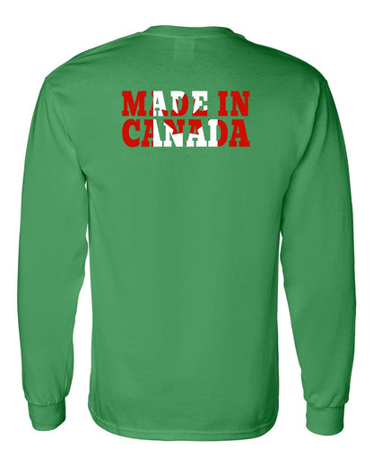Made in Canada Flag Background Left Chest and Back Long Sleeve - Gildan Canada (sewn Internationally)