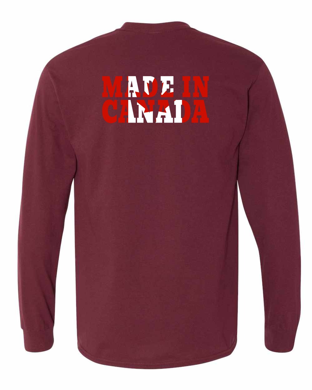 Made in Canada Flag Background Left Chest and Back Long Sleeve - Gildan Canada (sewn Internationally)