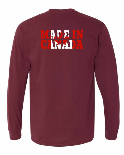 Made in Canada Flag Background Left Chest and Back Long Sleeve - Gildan Canada (sewn Internationally)