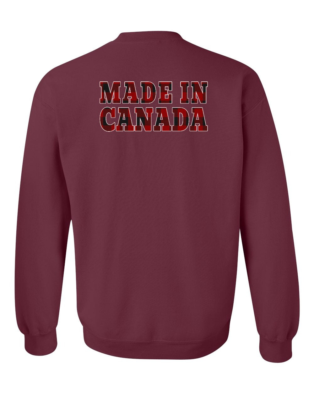 Made in Canada Plaid Background Left Chest and Back Crewneck - Gildan Canada (sewn Internationally)
