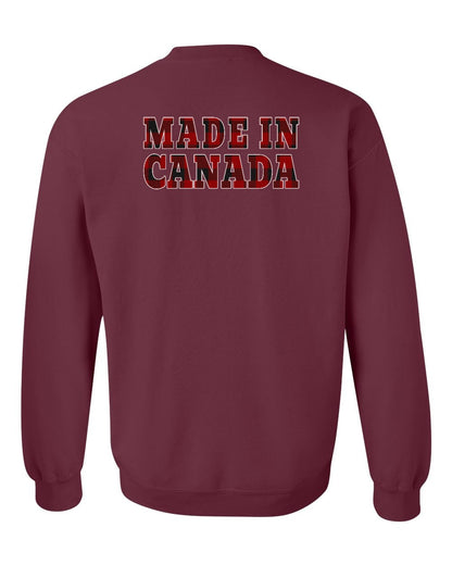 Made in Canada Plaid Background Left Chest and Back Crewneck - Gildan Canada (sewn Internationally)