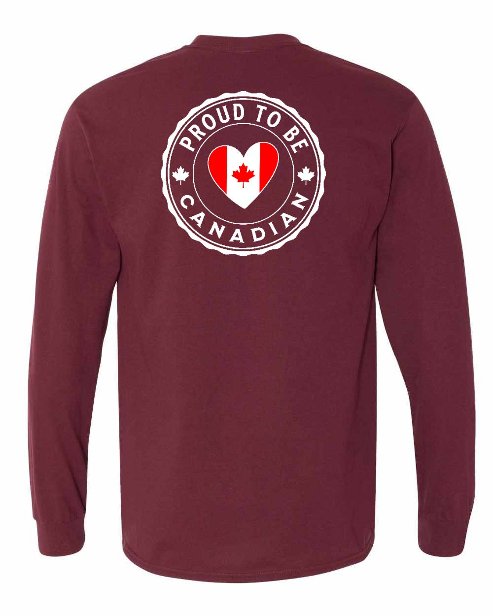 Proud to be Canadian Heart Flag Left Chest and Back Long Sleeve - Gildan Canada (sewn Internationally)