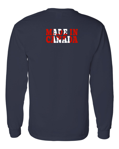 Made In Canada Flag Background Left Chest And Back Long Sleeve Tee - Gildan Canada (sewn Internationally )