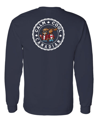 Calm Cool Moose and Beaver Left Chest and Back Long Sleeve - Gildan Canada (sewn Internationally)
