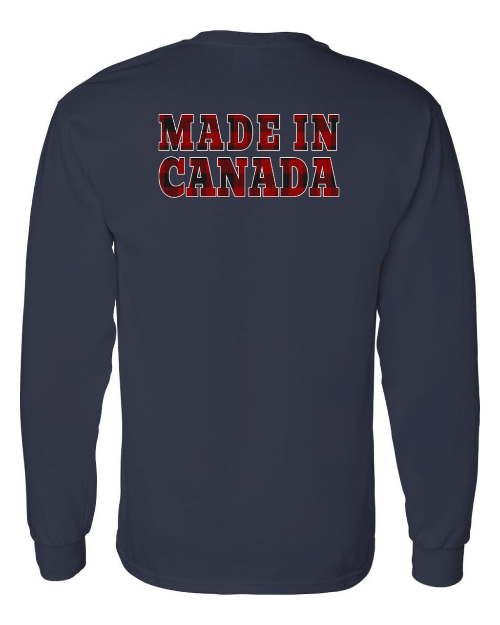 Made in Canada Plaid Background Left Chest and Back Long Sleeve - Unisex