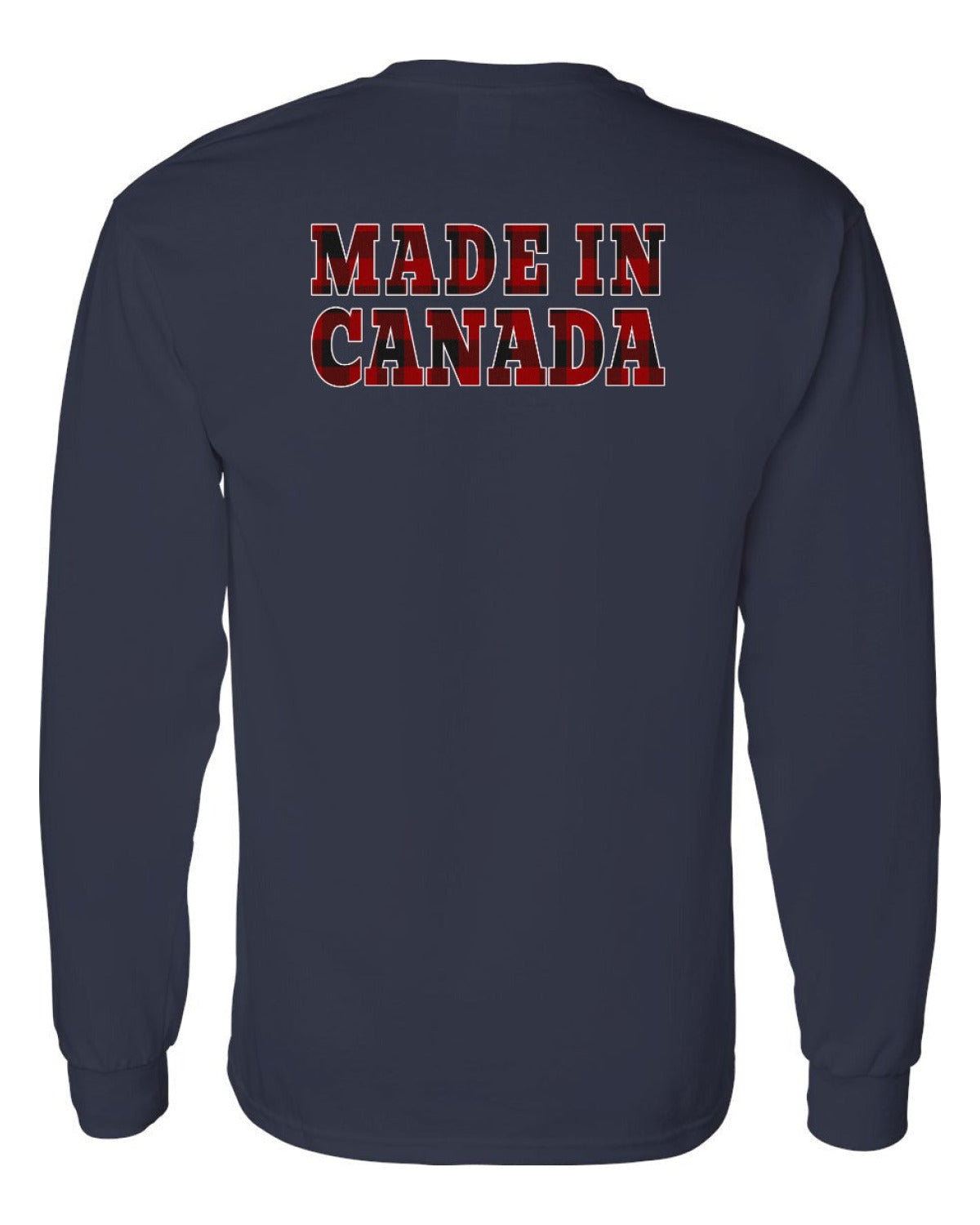 Made in Canada Plaid Background Left Chest and Back Long Sleeve - Unisex