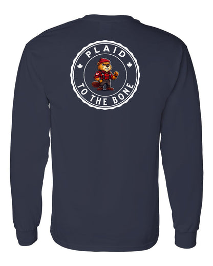 Plaid to the Bone Beaver Left Chest and Back Long Sleeve - Gildan Canada (sewn Internationally)