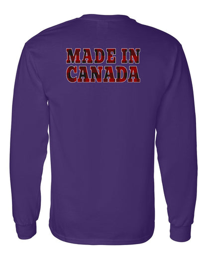 Made in Canada Plaid Background Left Chest and Back Long Sleeve - Gildan Canada (sewn Internationally)